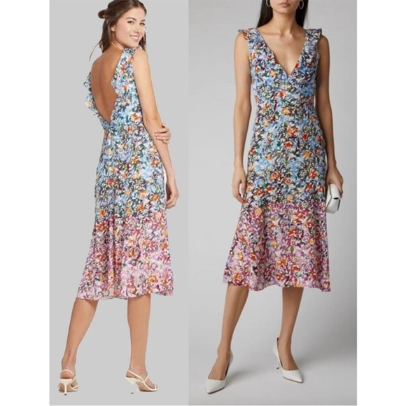SALONI holly silk floral midi dress pink margerite multicolor ruffle size 10 - Picture 1 of 16